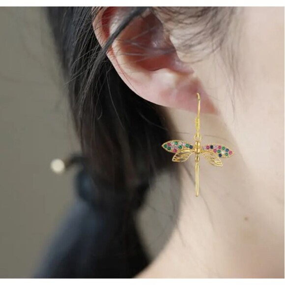 Gold Dragonfly Earrings & Necklace Rhinestones Jewelry Set - Picture 9 of 10